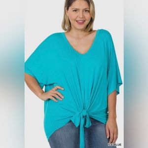 Zenana Women Plus Luxe Rayon V Neck Dolman Slv Tie Front Top Turquoise Tunic New
